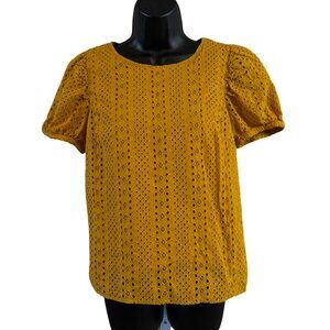 J.Crew Womens Mustard Yellow Top S Eyelet Short Sleeve Cotton Blend
